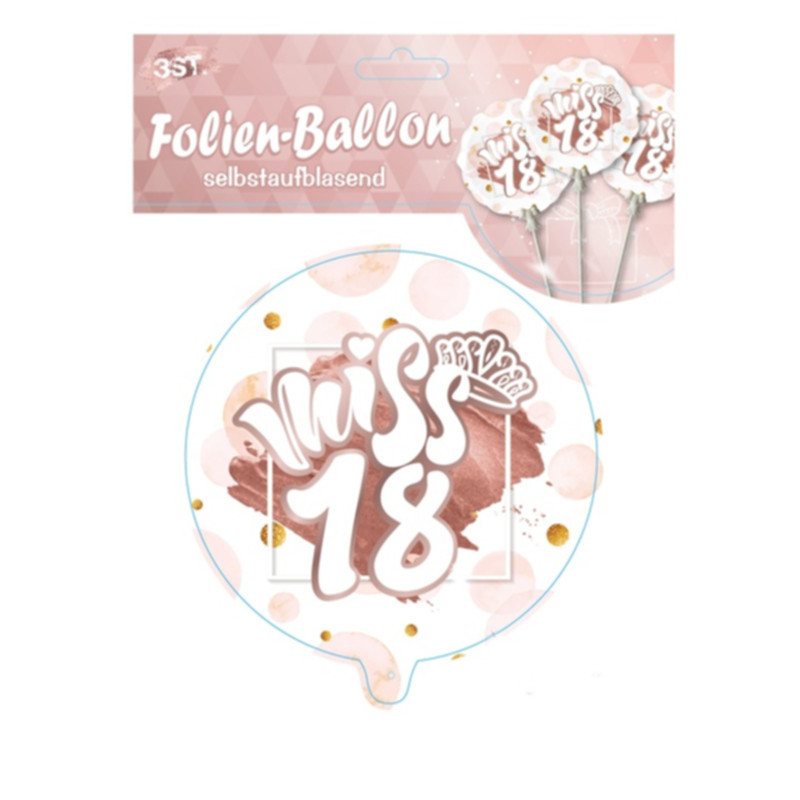 Udo Schmidt Ballon Miss 18 selbstaufblasend 3-tlg aus Kunststoff elegante Geburtstagsdekoration für den 18. Geburtstag